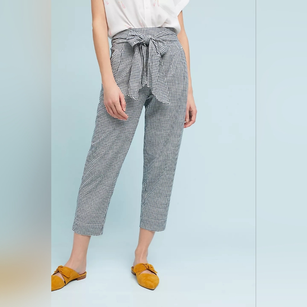 Anthropologie High Waist Cotton Linen Gingham Pants Navy Sz 14 NWOT